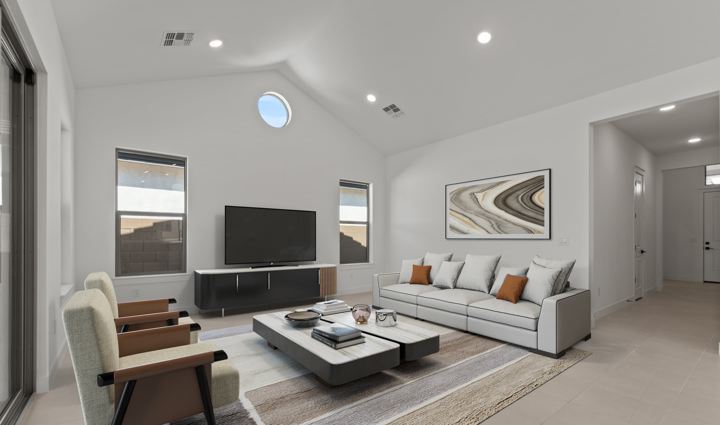 Great room with vaulted ceiling