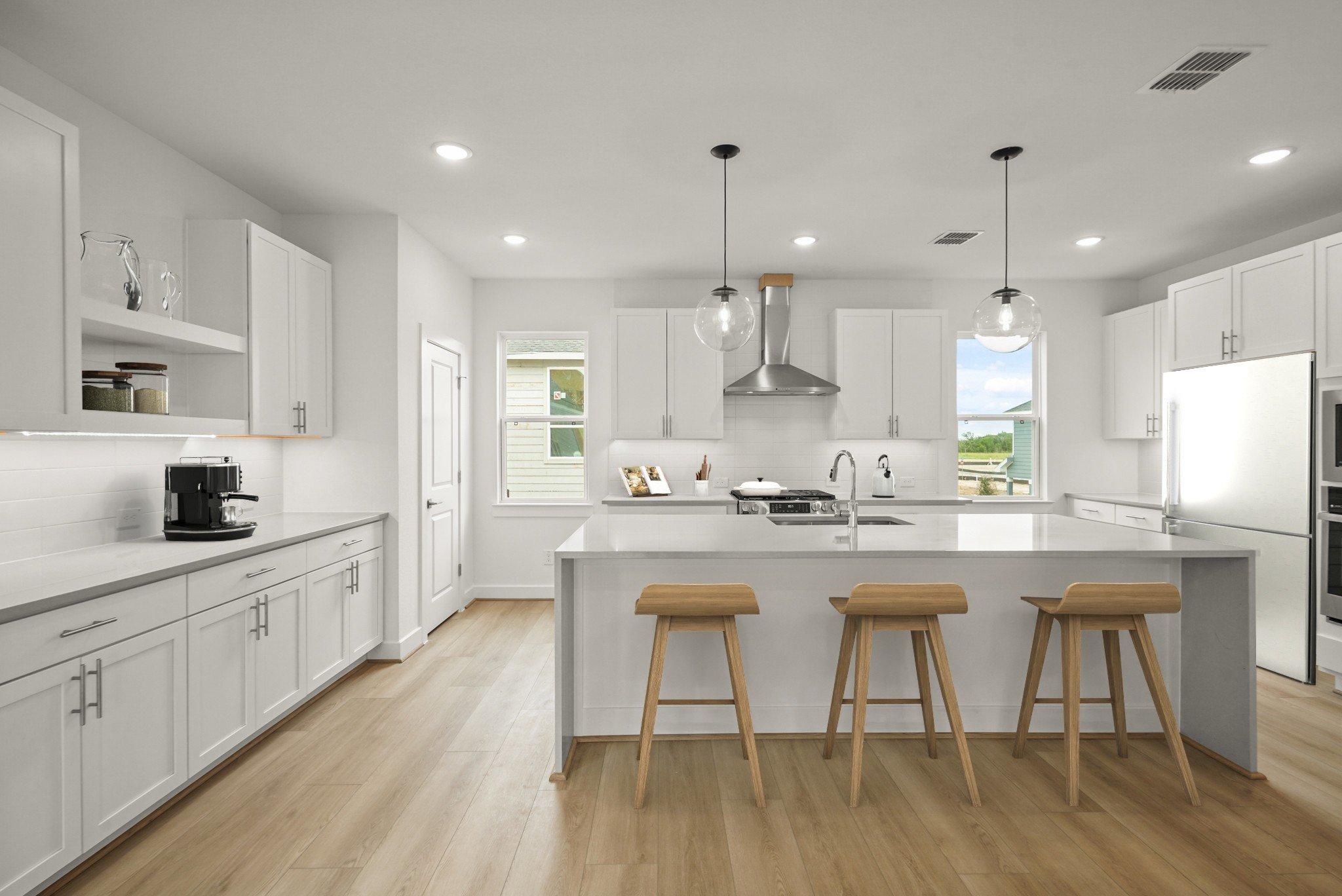 Kitchen with pendant lighting & floating shelves