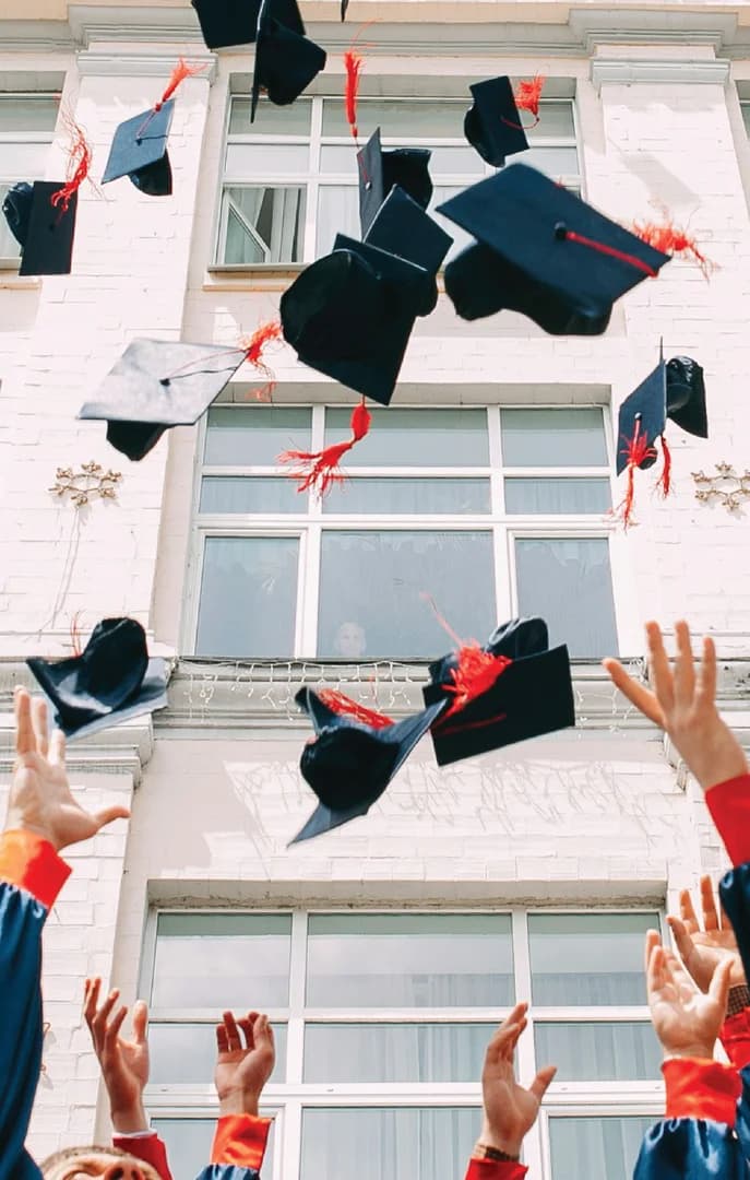 Graduation Caps being thrown into air by School
