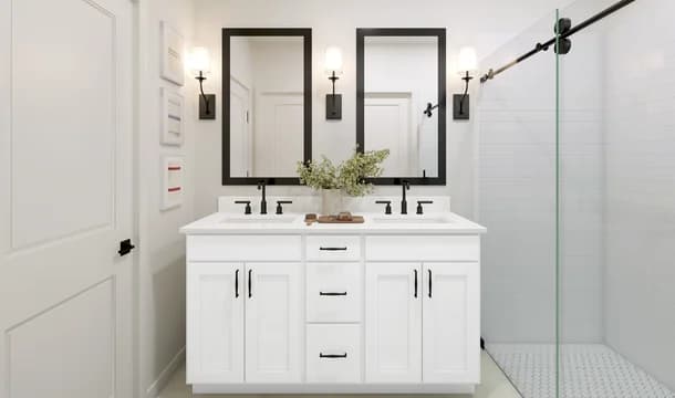 Primary bath with freestanding vanity