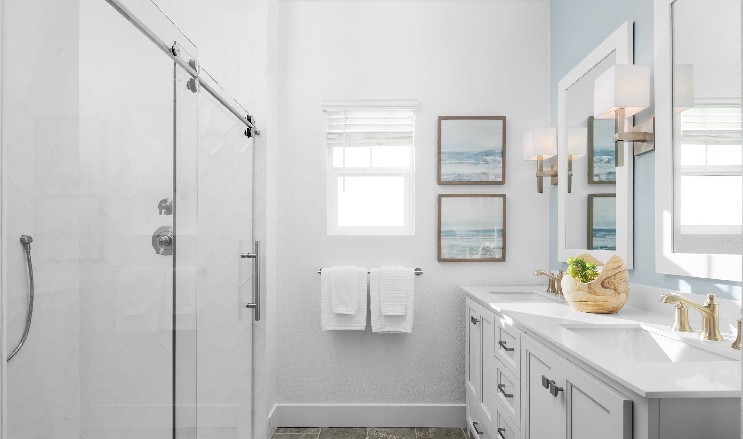 Primary bath with dual sinks and glass shower enclosure
