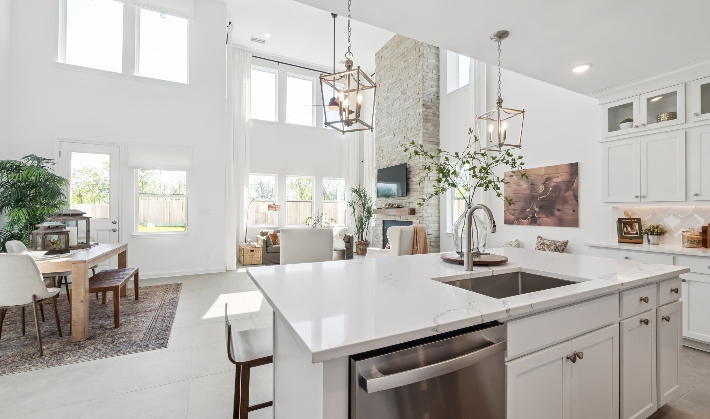 Spacious kitchen island overlooking dining area & great room