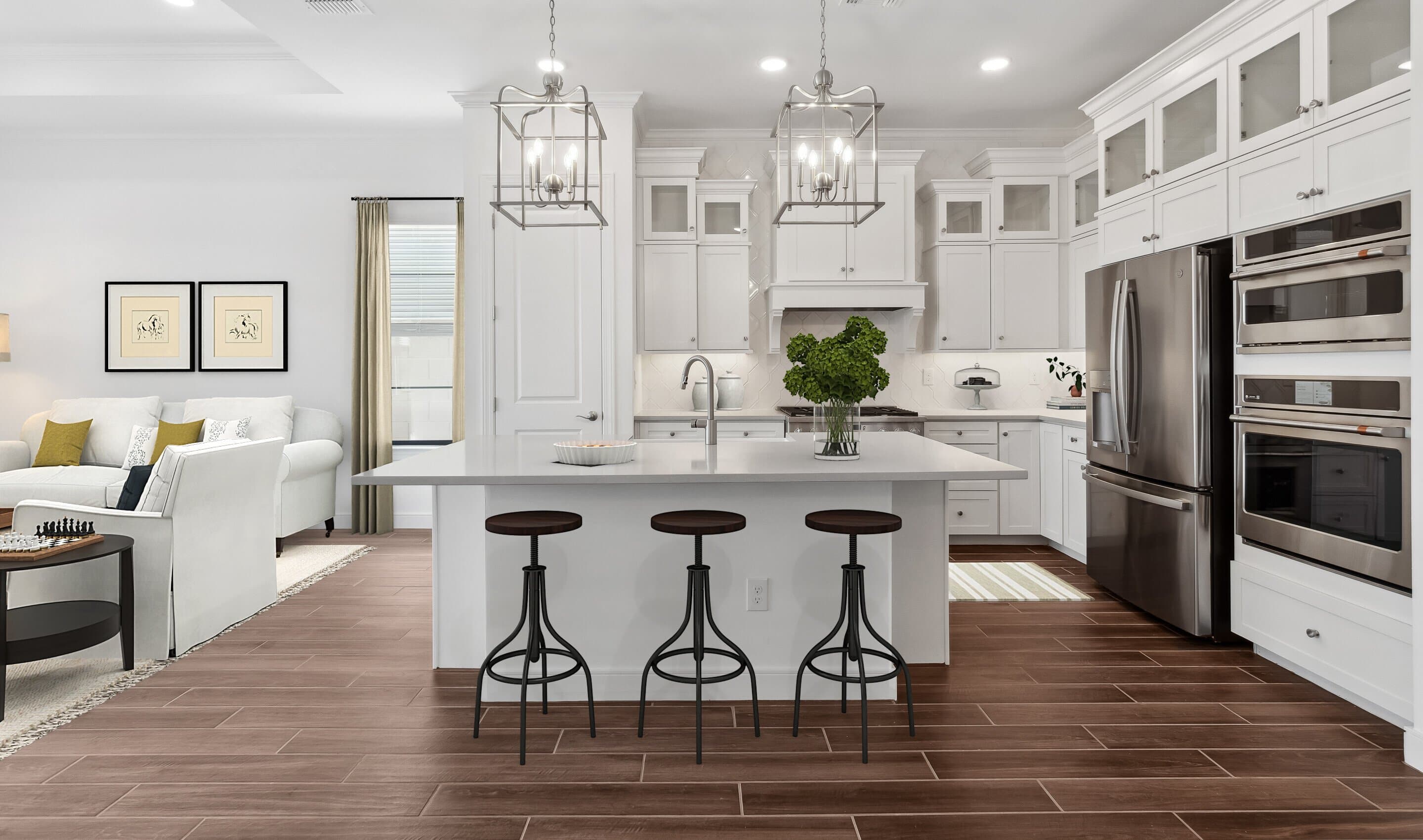 Kitchen with wood-look tile flooring and glass upper cabinets