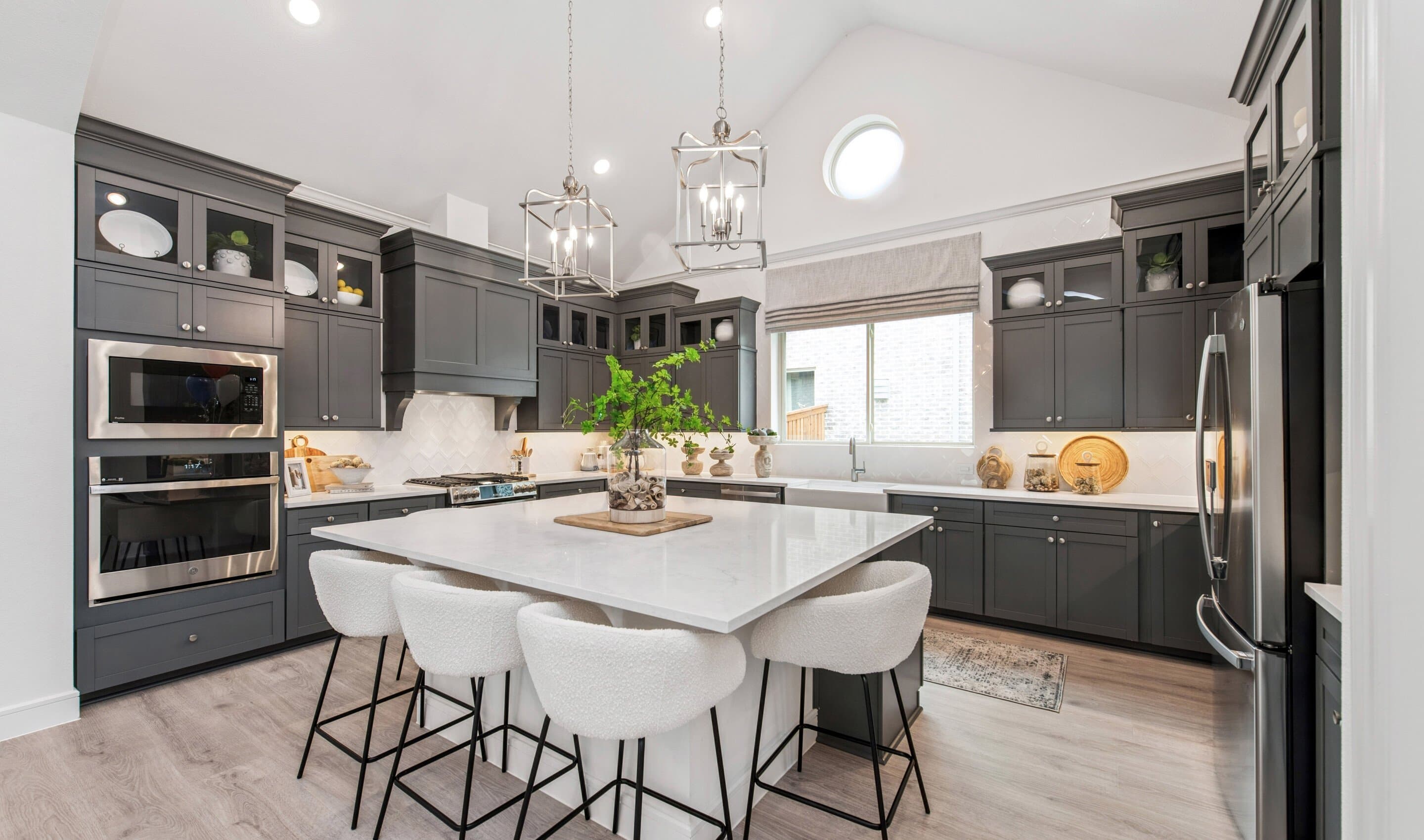 Kitchen with soaring vaulted ceiling